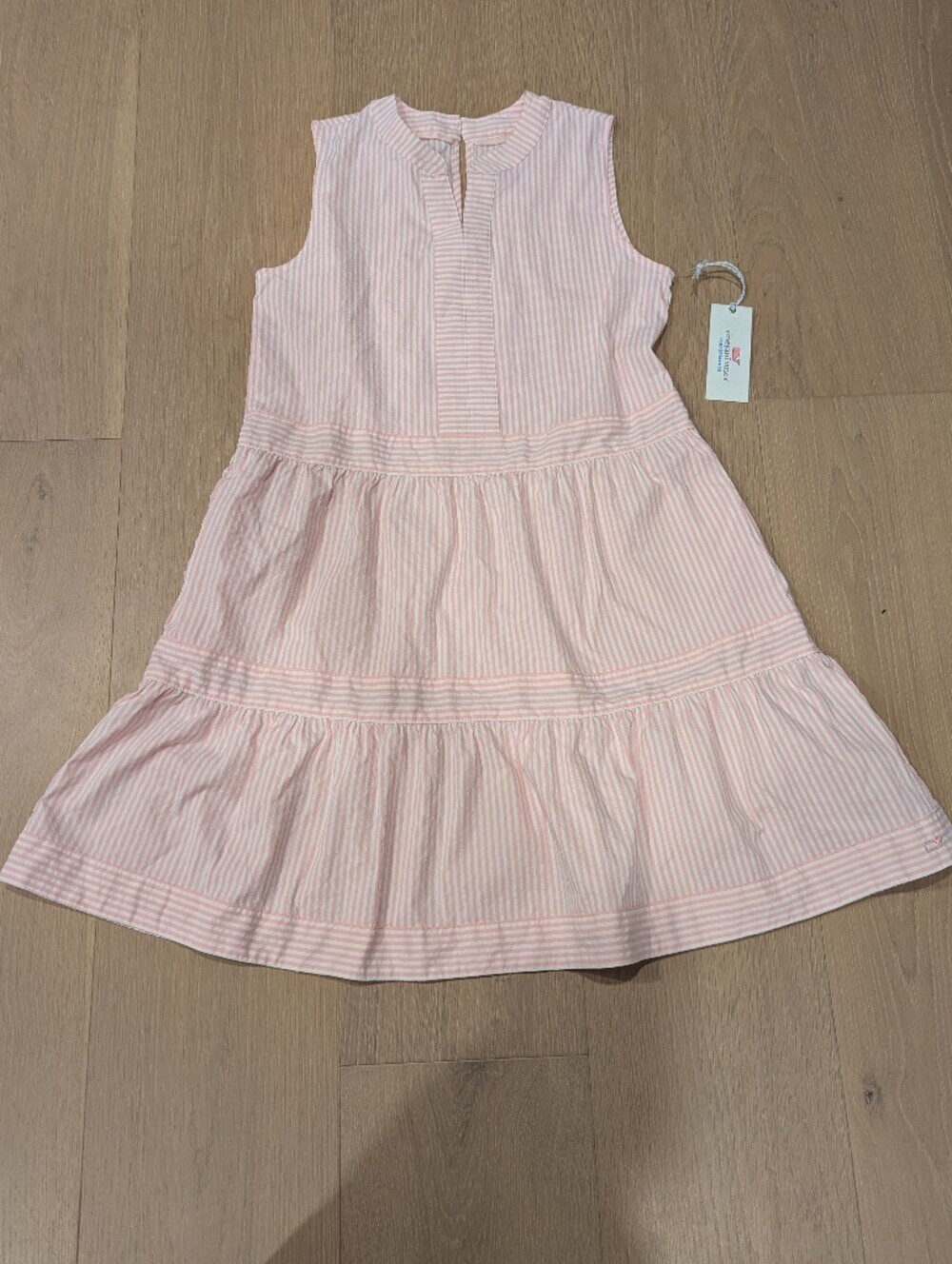 Light Pink Striped Tiered Athletic Seersucker Dress